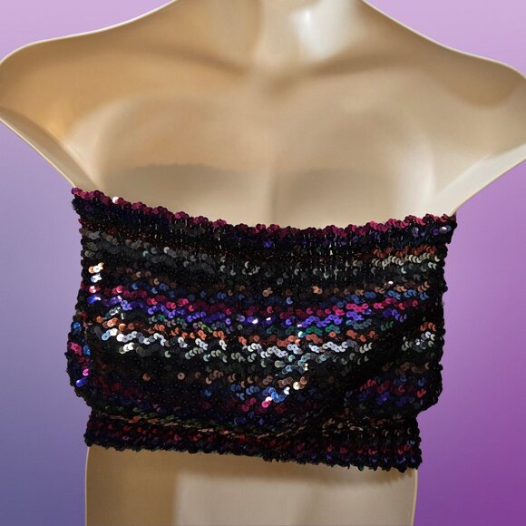 Vintage 70s Disco Sequin Tube Top Size XL Strapless Cropped Jewel Tone Rainbow - Picture 6 of 8